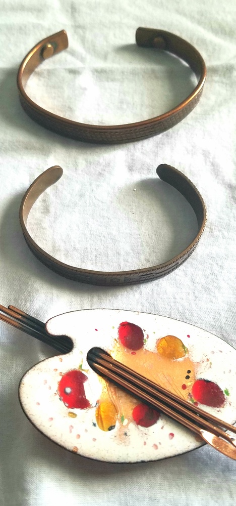 Vintage copper bracelets and copper artists pin